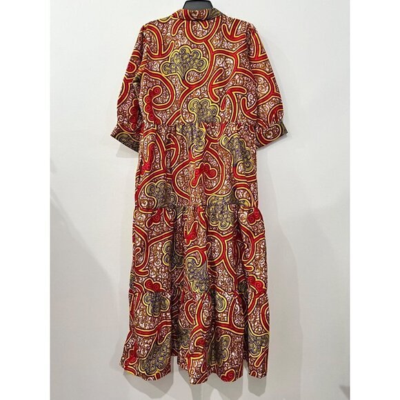 New The Oula Company Size M Print Tiered Maxi Dress Red Yellow - Picture 10 of 13